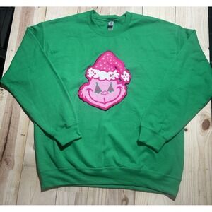 Grinch Christmas Pink Face Chenille Patch Crewneck Sweatshirt Sweater Size L